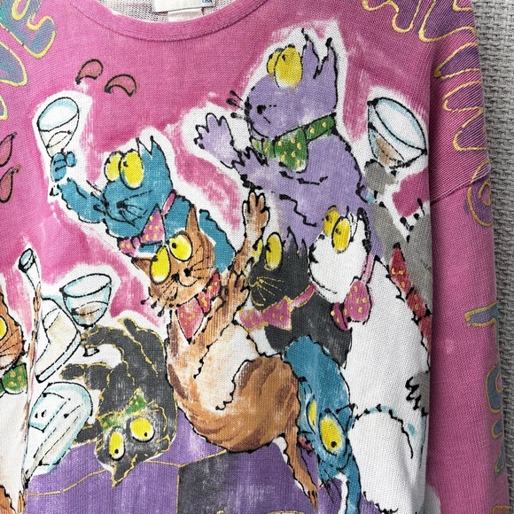 Vtg Kolorway Hand Painted Cat Sweater Pullover Size 1 Cocktail Bartender Kitty - Picture 2 of 8